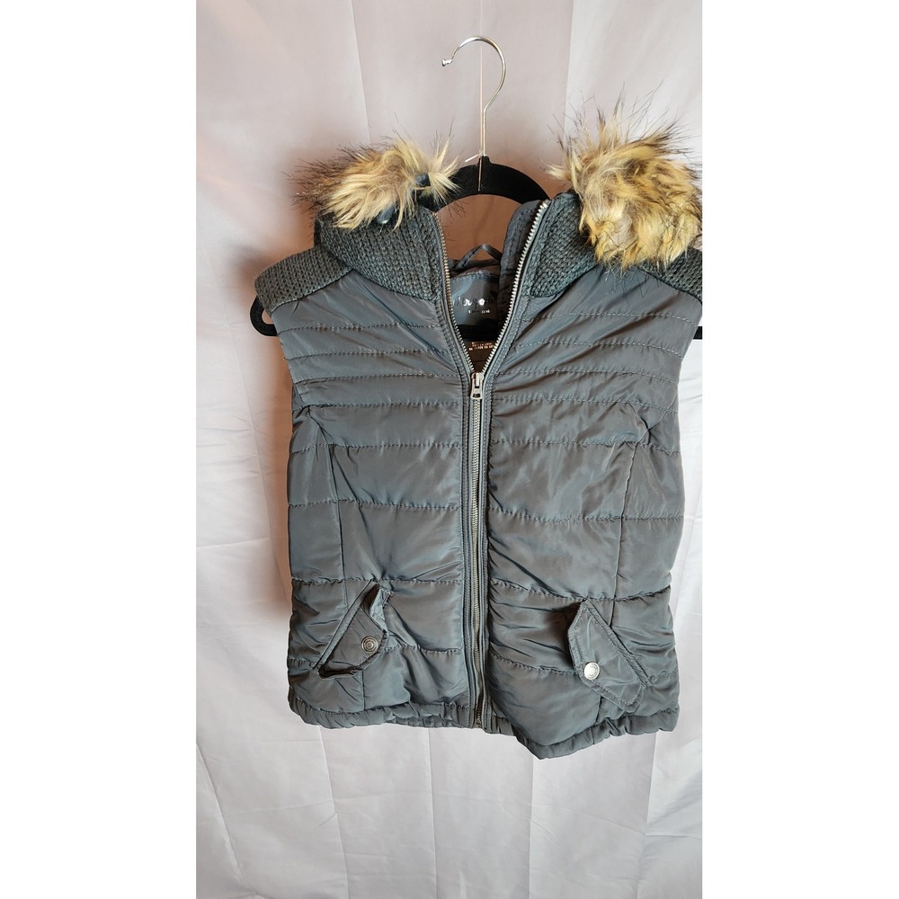 Aeropostale Gray Quilted Puffer Vest Detachable Faux Fur Hood Knit Trim Womens L